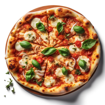 Pizza with mozzarella, tomatoes and basil on white backgroundの素材