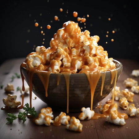 popcorn with caramel in a bowl on wooden table, closeupの素材