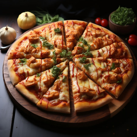 Pizza with cheese, tomato sauce and herbs on wooden background.の素材