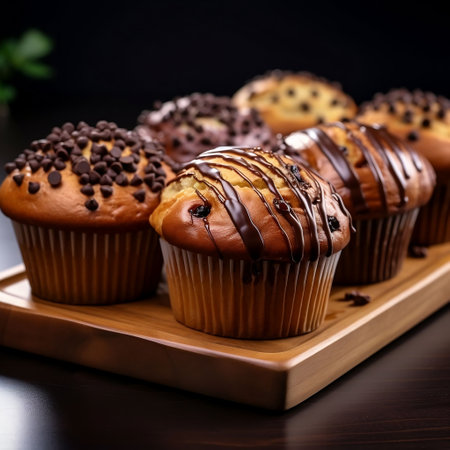 Chocolate muffins on a wooden plate on a dark background.の素材
