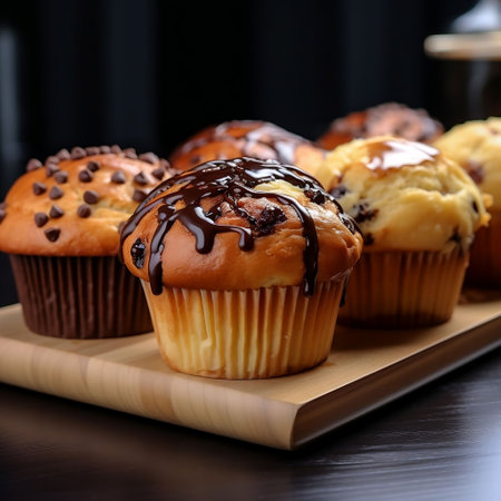 Chocolate muffins with chocolate glaze on a wooden plate.の素材