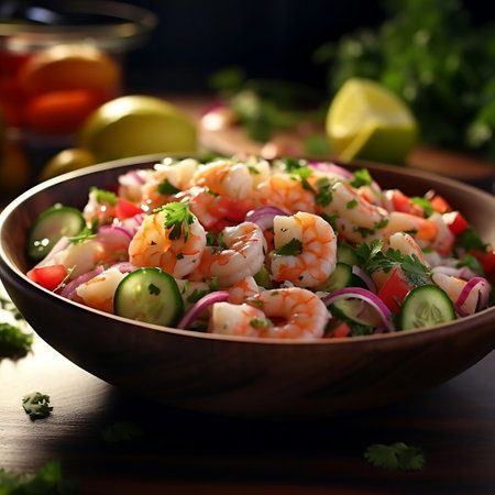 Seafood salad with shrimps, tomatoes, cucumbers and onions in a bowlの素材