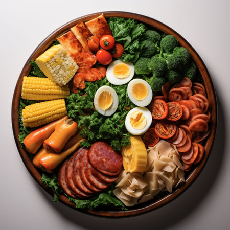 Healthy lunch bowl with vegetables, meat, egg and sausage on white backgroundの素材