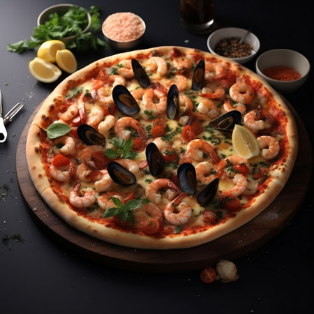 Seafood pizza on black background. Seafood pizza with shrimps, mussels, squid and mussels.の素材