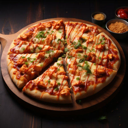 Pizza with chicken, cheese and tomato sauce on a wooden backgroundの素材