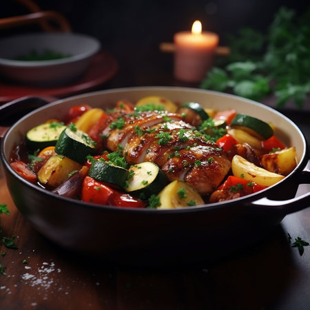 Baked chicken with vegetables in a frying pan on a dark backgroundの素材