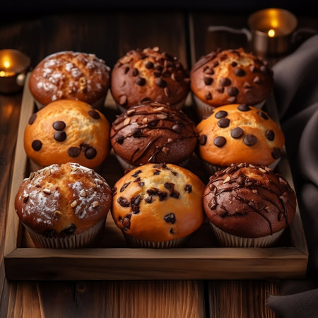 Chocolate muffins with chocolate chips on a dark wooden background.の素材