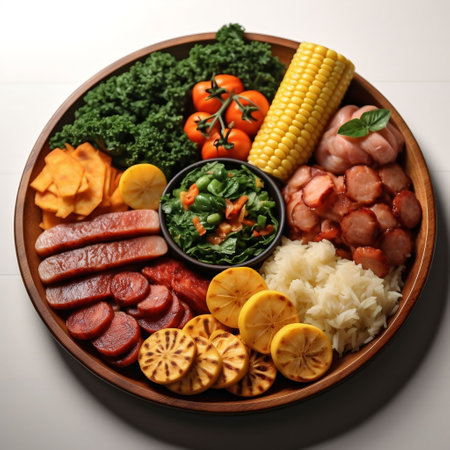 Plate with different delicious sausages and vegetables on white background, top viewの素材
