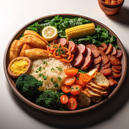 Plate with tasty boiled rice, meat and vegetables on light backgroundの素材