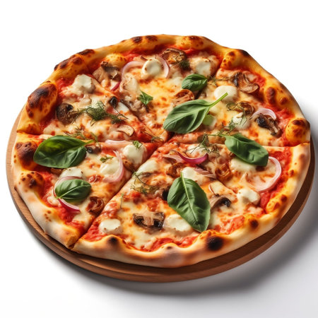 Pizza with mozzarella cheese, basil and onion on white backgroundの素材