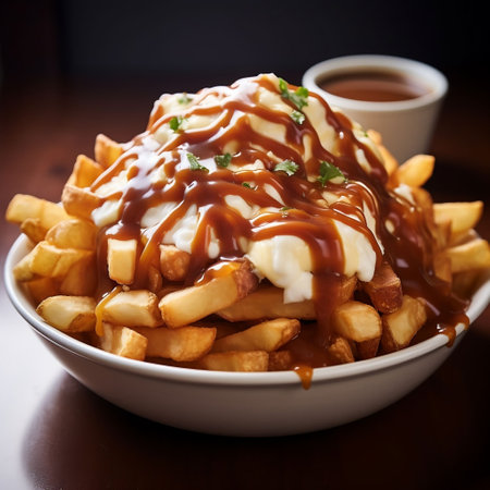 Potato fries with sauce and mayonnaise on a wooden tableの素材
