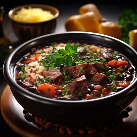 Mexican soup with beef, beans and rice on a dark backgroundの素材