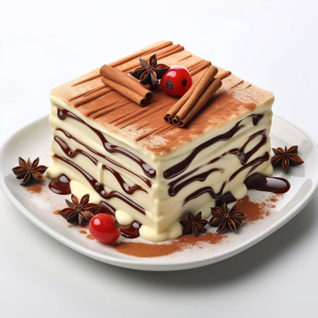 Tiramisu cake with chocolate and cranberries on a white backgroundの素材