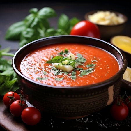 Tomato soup with cream and basil in a ceramic bowl. Selective focus.の素材