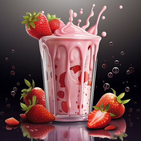 Strawberry milkshake in a glass on a black backgroundの素材