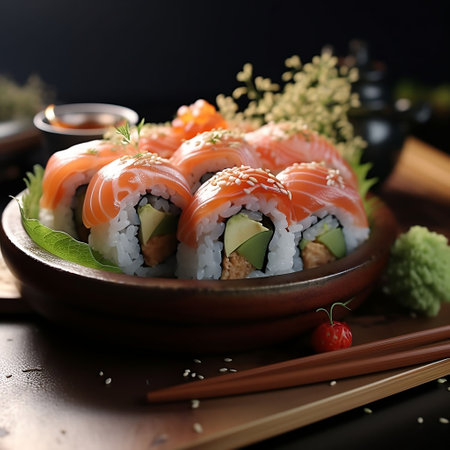 Sushi roll with salmon, avocado and cream cheese on wooden backgroundの素材