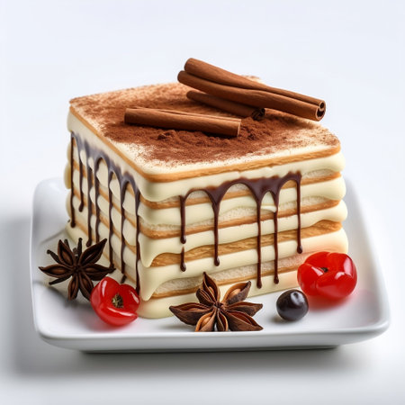 tiramisu cake with cinnamon and cherry on a white backgroundの素材