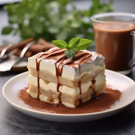 Tiramisu cake with chocolate sauce and mint, selective focusの素材