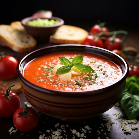 Tomato soup with cream, basil and parmesan on a dark backgroundの素材