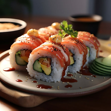 Sushi roll with salmon, avocado and cucumber on wooden tableの素材