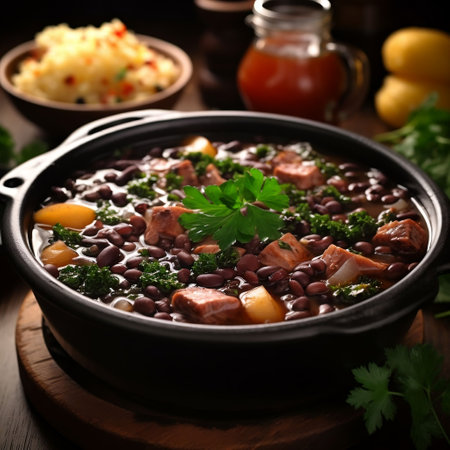 Bean soup with meat and vegetables in a pot on the tableの素材