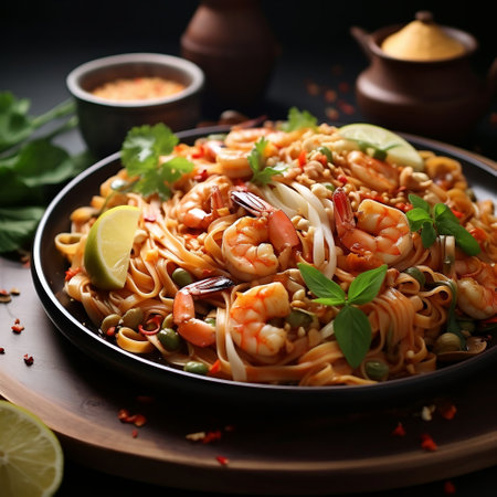 Stir-fried noodles with shrimps and vegetables on plateの素材