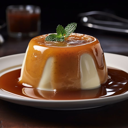 Caramel pudding with caramel sauce on a dark background. Selective focus.の素材