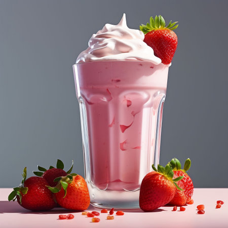 strawberry milkshake in a glass with fresh strawberries on a pink backgroundの素材