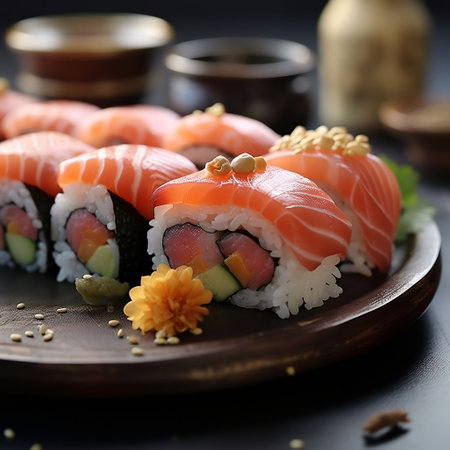 Sushi roll with salmon, avocado and cucumber on black backgroundの素材