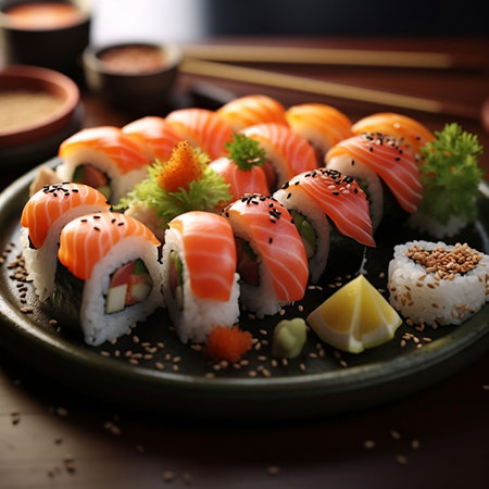Sushi rolls served on plate with chopsticks on wooden table, closeupの素材