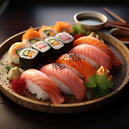 Sushi set in wooden plate on dark background, closeup viewの素材