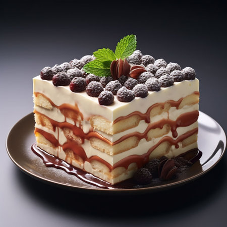 Tiramisu cake with raspberries and chocolate on a dark backgroundの素材