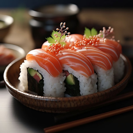 Sushi roll with salmon, shrimp and caviar on wooden tableの素材