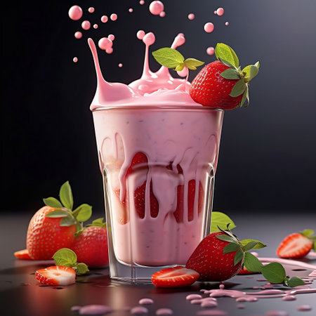 Strawberry milkshake in glass with splashes on a black backgroundの素材