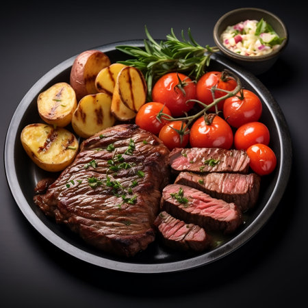 Grilled beef steak with baked potatoes and tomatoes on a black backgroundの素材