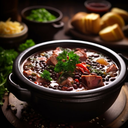 Bean soup with meat and vegetables in a pot. Selective focus.の素材