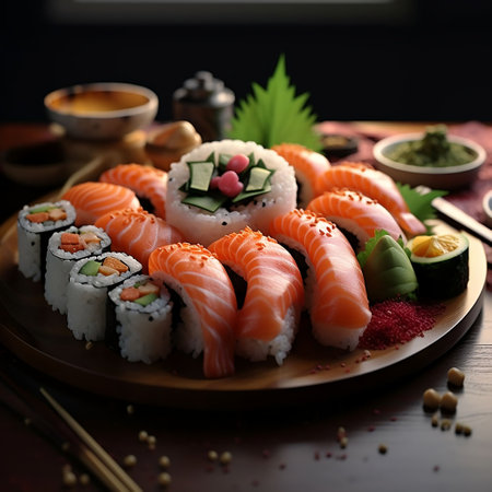 Sushi set with salmon, shrimp, avocado, wasabi, ginger, wasabi and soy sauceの素材