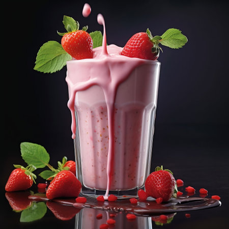 Strawberry milkshake in a glass on a black backgroundの素材