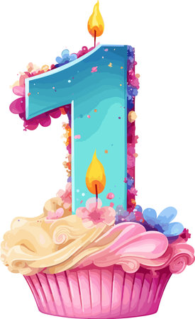 Illustration of a cake with a number one candle on a white backgroundのイラスト素材