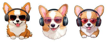 Corgi dogs with headphones and sunglasses. Vector illustration on white background.のイラスト素材