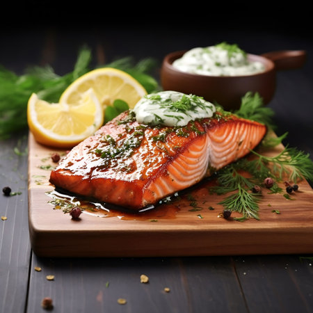 Salmon fillet with cream sauce and dill on wooden boardの素材