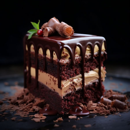 Chocolate cake with cream and chocolate shavings, selective focusの素材