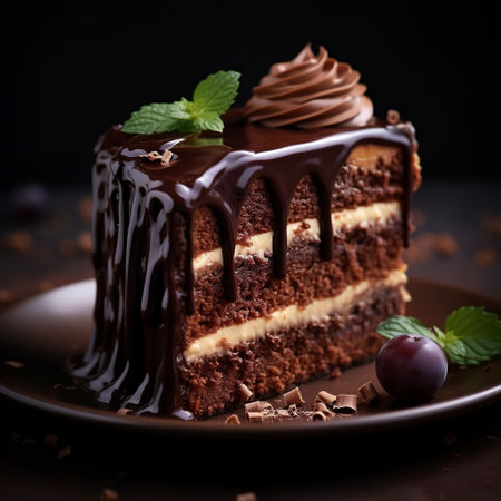 Chocolate cake with cream and chocolate sauce on a dark background.の素材