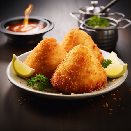 Crispy fried croquettes served with tomato sauce and lemonの素材