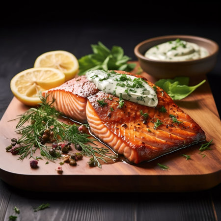 Grilled salmon with sauce and herbs on a wooden board, horizontalの素材