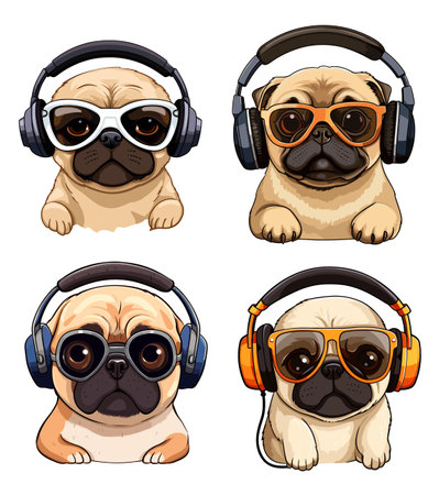Cute pug dog with headphones and headphones. Vector illustration.のイラスト素材