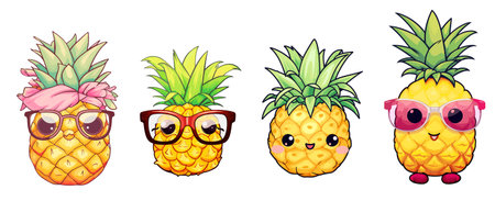 Set of cute cartoon pineapple with sunglasses. Vector illustration isolated on white background.のイラスト素材