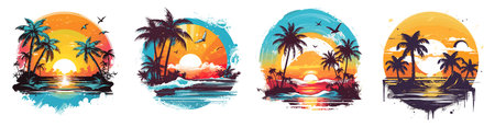 Tropical beach set with palm trees and sunset. Vector illustrationのイラスト素材