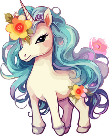 Illustration of a Cute Unicorn with Colorful Hair and Flowersのイラスト素材