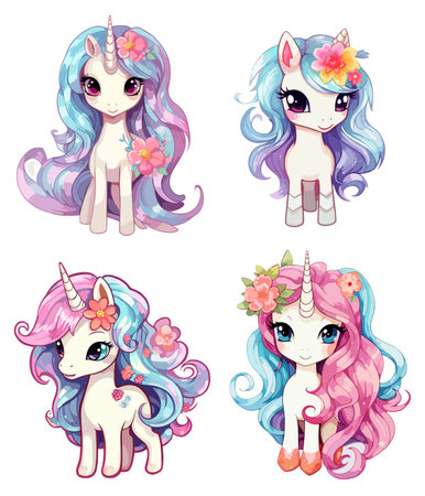 Set of cute unicorns with long hair and flowers. Vector illustrationのイラスト素材